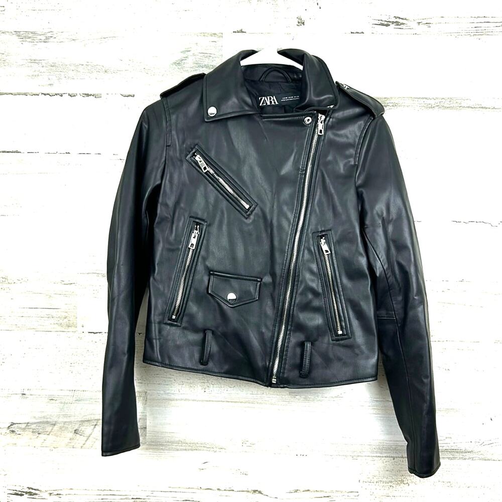 Zara Womens XS Black Vegan Leather Lined Zip Moto Biker Jacket Boho Chic NEW